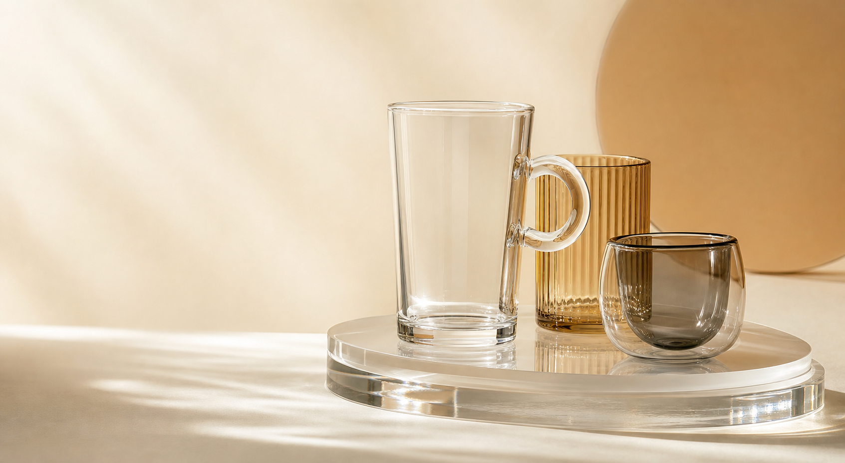 三只透明、琥珀与烟灰色手工玻璃杯